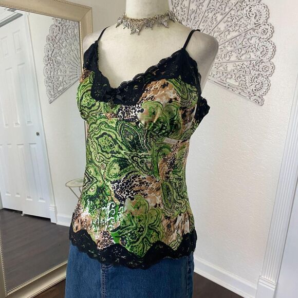 Early 2000's Green Black Satin Lace Trimmed Baby Phat Cami Camisole Top M - Picture 5 of 7